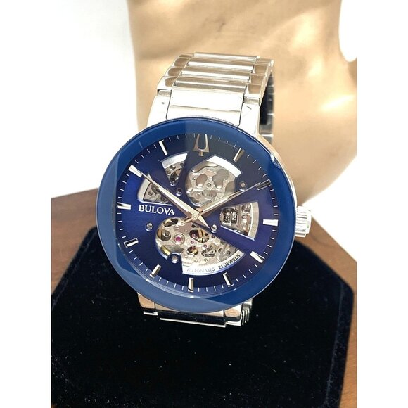 Bulova Men's Watch 96A204 Automatic Silver Steel Blue Skeleton Dial 42mm CHIPPED - Picture 1 of 15